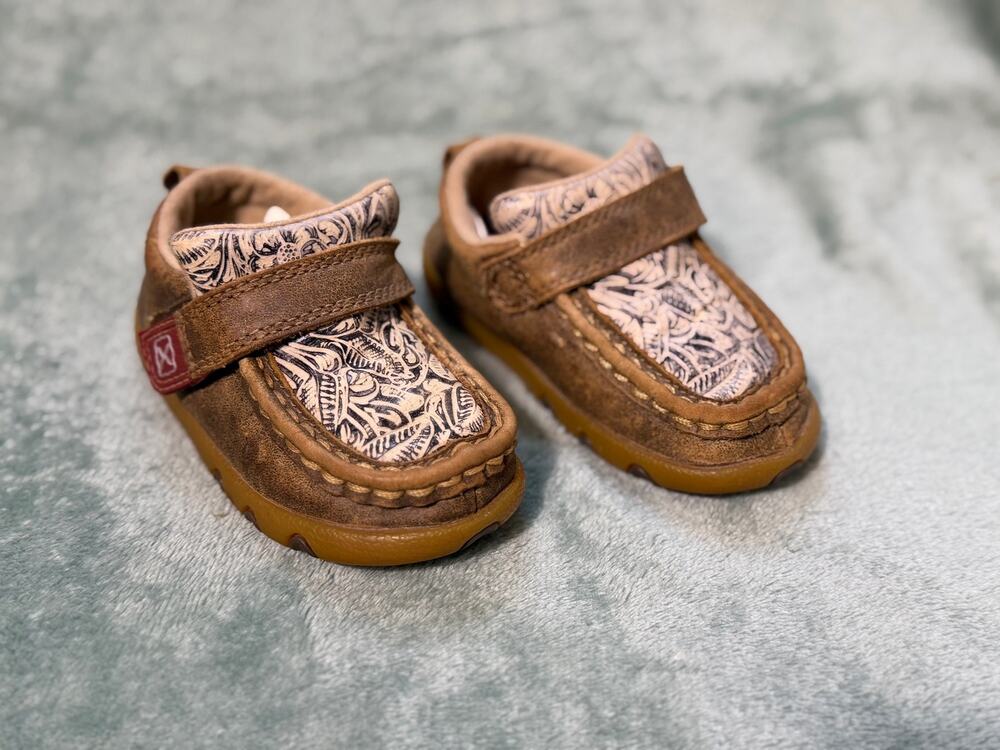 Twisted X Infant Driving Moc Shoes Size 6M Brown Leather Hook & Loop Western
